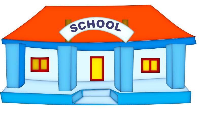 Clip art image of a school building, in blue with a red roof